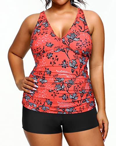 High Waisted Plus Size Swimsuits Shorts Tummy Control Tankini Bathing Suits-Red Floral