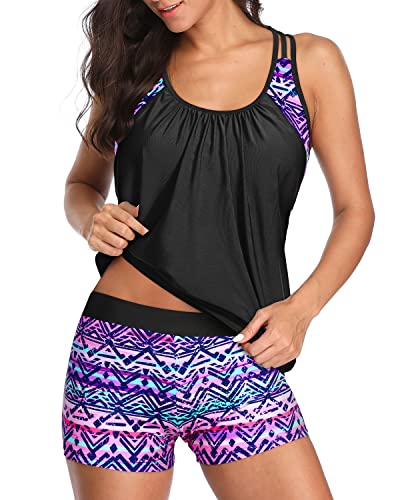 Ladies Athletic Two Piece Tankini Suits Racerback Tankini-Black And Tribal Purple