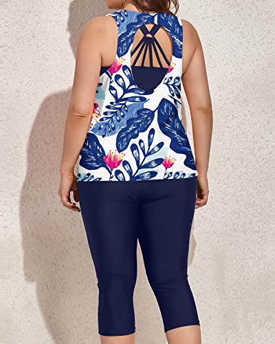 3 Piece Tankini Swimsuits For Women Plus Size Sports Bra And Swim Capris-White And Blue Floral