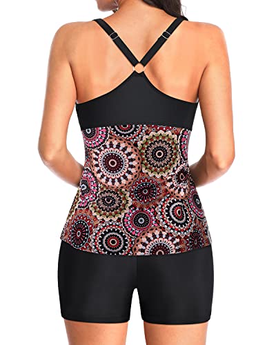 Removable Padding Tankini Tops Boyshorts For Women's Swimwear-Brown Print