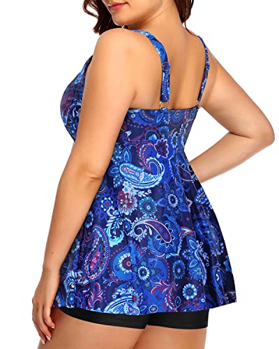 Slimming Flare Silhouette Swimwear Tie Knot Plus Size Tankini Set-Blue Tribal