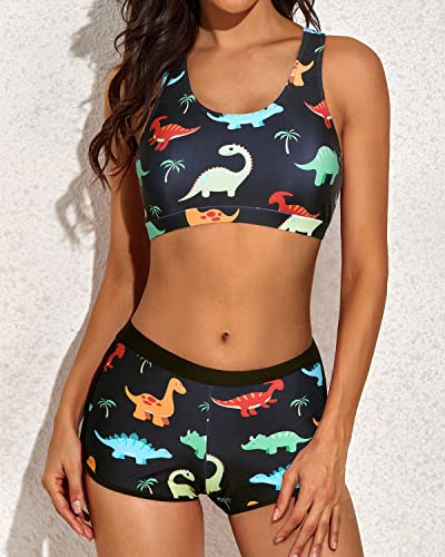 3 Piece Athletic Tankini Swimsuits For Women Shorts-Black Dinosaur