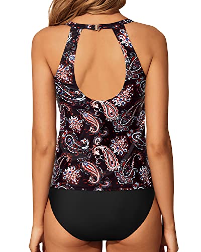 Trendy High Neck Two Piece Tummy Control Tankini Swimwear-Black Tribal