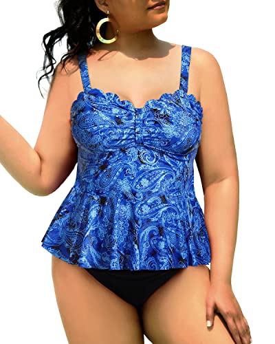 2 Piece Ruffle Hem Plus Size Tankini Swimsuits Tummy Control Bathing Suits-Blue Tribal