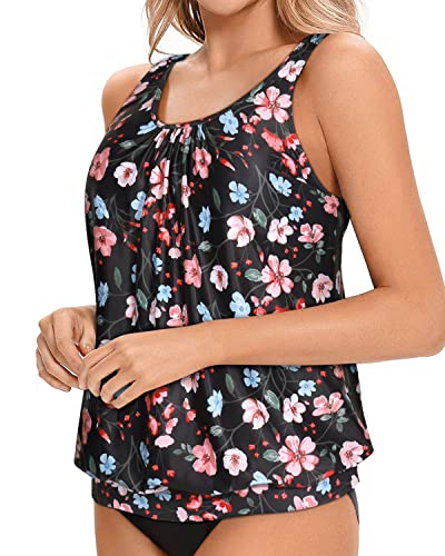 Flattering Black Scoop Neck Swim Top For Women-Black Floral