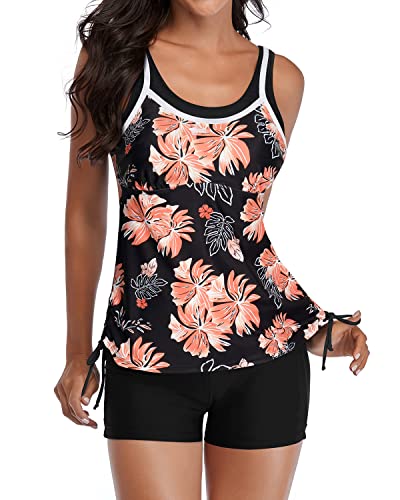 Women's Two Piece Tankini Swimsuits Shorts Athletic Bathing Suits-Black Orange Floral