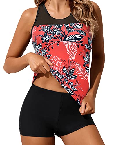 Racerback Tank Top And Boy Shorts Two Piece Bathing Suit For Women-Red Floral