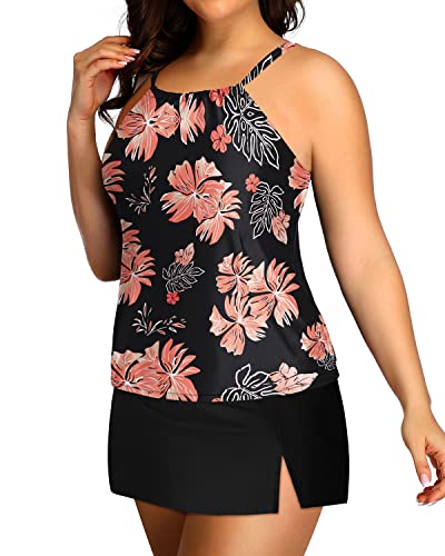 Women's Two Piece Plus Size Tankini Tummy Control High Neck Swimsuits-Black Orange Floral