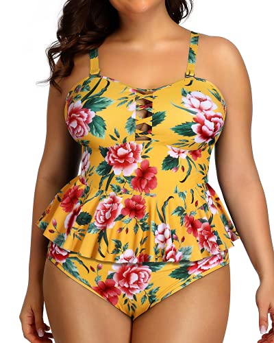 Lace Up Retro Ruffle Tankini Tops Lace Strappy Sides Bikini Bottoms-Yellow Floral