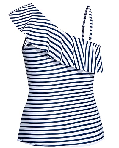 Flattering And Cute One Shoulder Tankini Tops Push Up Bra For Women-Blue And White Stripes