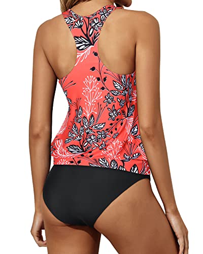 Racerback Tank Tops Bottoms Blouson Swimwear For Women-Red Floral