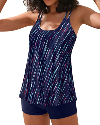 Full Coverage Swim Shorts Loose Fit 2 Piece Swimsuit Tankini-Navy Blue