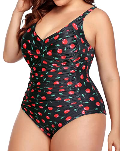 Tummy Control Ruched One Piece Bathing Suits For Curvy Women-Black Cherry