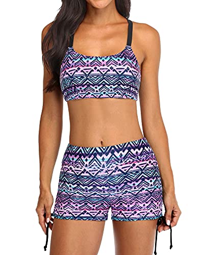 Women's Slimming Tankini Boyshorts And D-Ring Strappy Tankini-Black And Tribal Purple