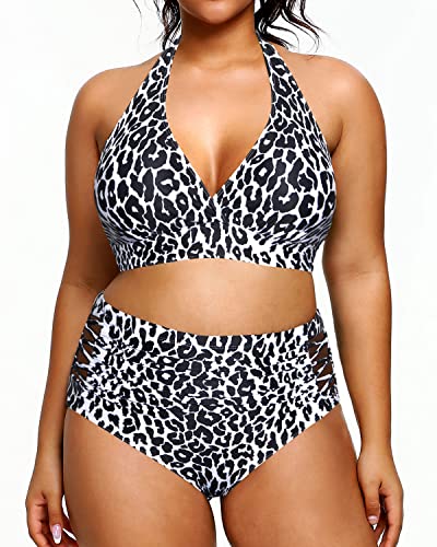 Plus Size Women's Halter Bikini Swimsuit Tummy Control Two Piece-Gradient Leopard