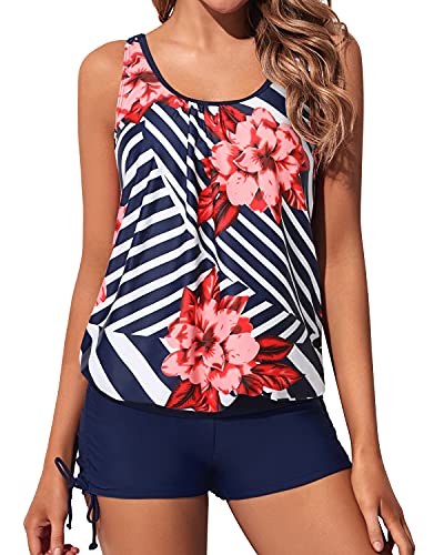 Comfortable Two Piece Blouson Tankini Swimsuits For Women-Blue Floral