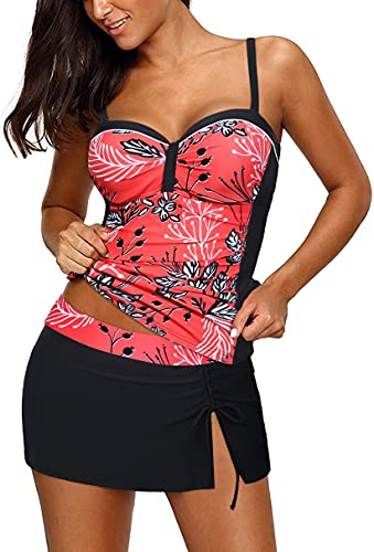 Adjustable Shoulder Straps Ruched Tankini Swim Skirts For Women Tankini Set-Red Floral
