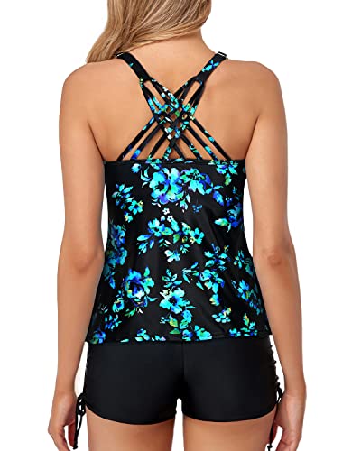 Two Piece Tankini Swimsuits Removable Padded Bra For Women-Black Blue Floral
