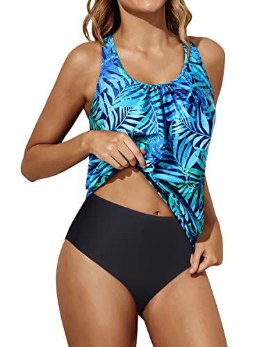 Blouson Tankini Tops Bikini Bottoms Swimsuit Blouson Swimwear-Dark Blue Green Leaves