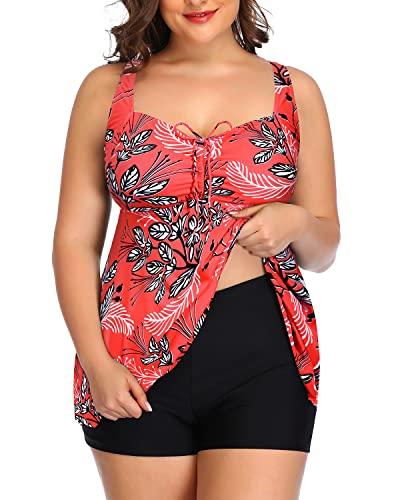 Women's Buckle At Back Plus Size Tankini Swimsuits 2 Piece Swimwear-Red Floral