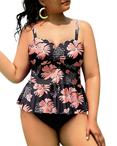 Two Piece Peplum Swimwear Scalloped Swimsuits For Curvy Girls-Black Orange Floral