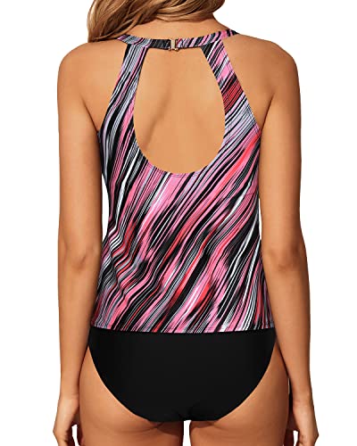 Comfortable And Trendy High Waisted Two Piece Tankini Swimsuit-Pink Stripe