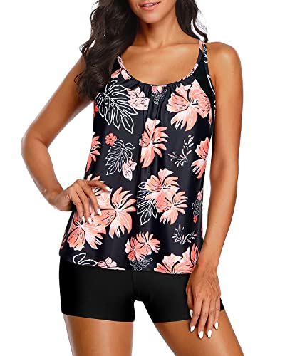 Double Up Tankini Top Boy Shorts Tankini Swimsuits For Women-Black And Orange Floral