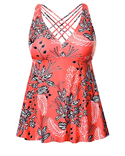 Flowy Plus Size Bathing Suit Top For Women Criss Cross Strappy Back-Red Floral