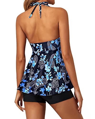 Two Piece Halter Neck Tankini Bathing Suits For Women Shorts-Black Floral