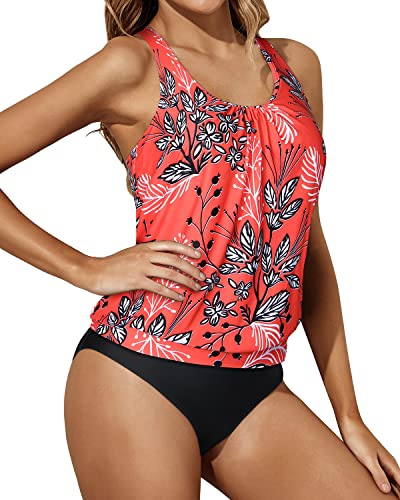 Racerback Tank Tops Bottoms Blouson Swimwear For Women-Red Floral