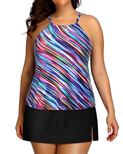 Women's Plus Size Tankini Skirt High Waisted Swim Skirt-Color Oblique Stripe