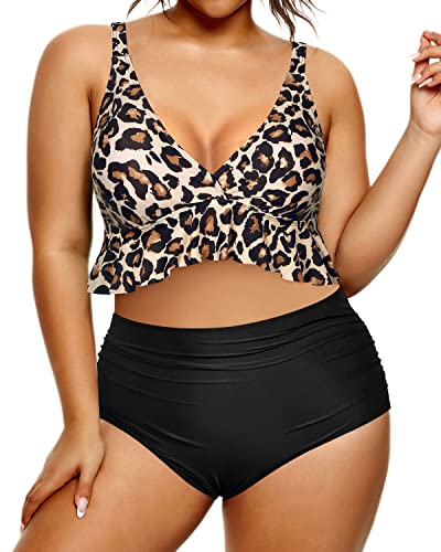 Plus Size Two Piece Swimsuits High Waisted Bikini Set-Black And Leopard