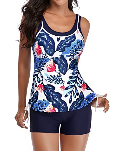 Women's Tankini Swimsuits Shorts Athletic Bathing Suits Slimming Swimwear-White And Blue Floral