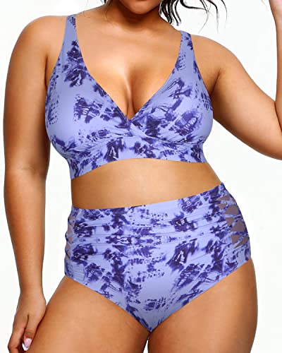 Women's Plus Size Bikini High Waisted Two Piece Swimsuits Tummy Control-Blue Tie Dye