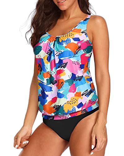 Two Piece Casual Tankini Set Elastic Band For Women-Color Block
