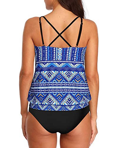Women's Two Piece Sporty Tankini Set For Tummy Control Bathing Suits-Blue Tribal