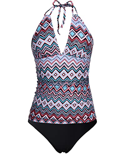 V-Neck Tankini Tops Bikini Bottoms For Women-Black Tribal