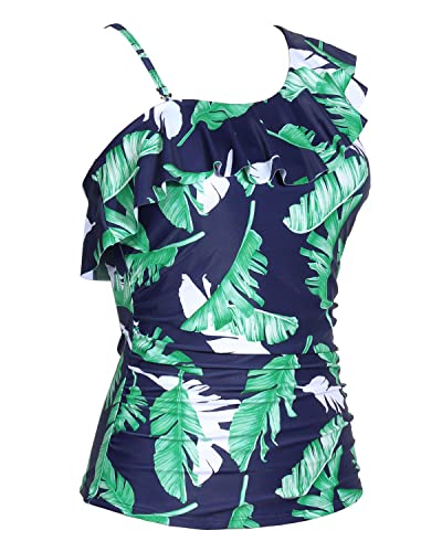 Form Fitting Ruched One Shoulder Tankini Top Strapless Neckline-Blue Leaf