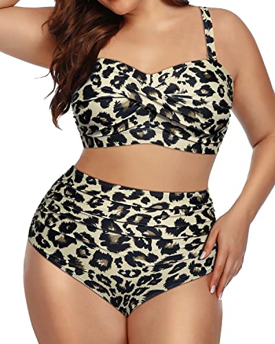 Plus Size Two Piece Swimsuits High Waisted Bathing Suits Bandeau Bikini-Leopard