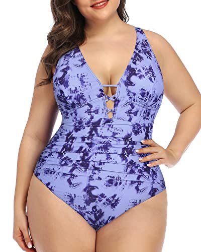Deep V Neck Lace Up Front Plus Size Push Up One Piece Swimsuit-Blue Tie Dye