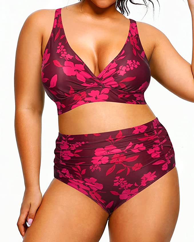 V Neck Plus Size Bikini High Waisted Swimsuits Tummy Control Swimwear-Red Flower