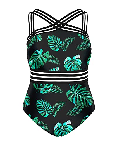 Strapless Monokinis For Slimming Plus Size Swimsuits For Women-Black And Green Leaf