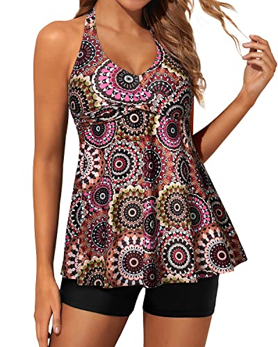 Halter V Neck Tankini Swimsuits For Women Shorts-Brown Print