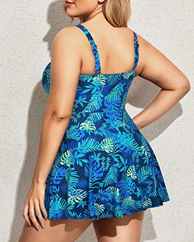 Cutout One Piece Swimdress Skirt Swimsuits For Women-Blue And Gree Leaves