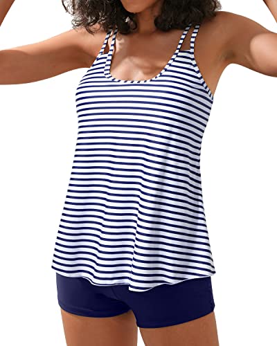 Athletic Two Piece Swimsuit Tankini Top & Boy Shorts Juniors Bathing Suit-Blue White Stripe