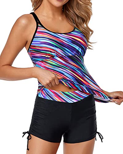 Tummy Control Tankini Bathing Suits For Women Shorts-Color Oblique Stripe