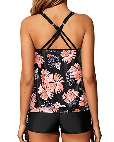Blouson Push Up Padded Bra Swimsuits Adjustable Shoulder Straps-Black Orange Floral