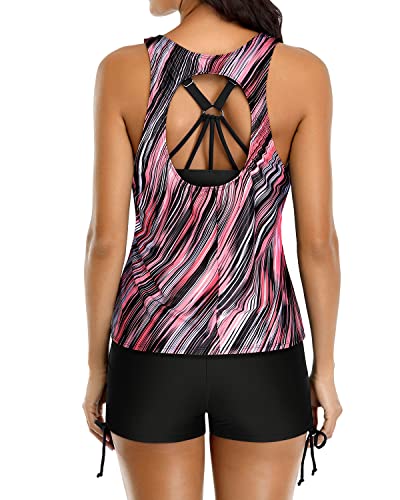 Women's Push Up Padded Tankini Top And D-Ring Strappy Swimsuit-Pink Stripe
