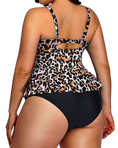Peplum Tankini Tops High Waisted Swimwear For Women-Black And Leopard