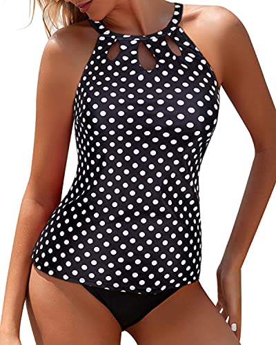 High Neck Halter Top & High Waisted Bottom Two Piece Tankini Swim Suit-Black Dot